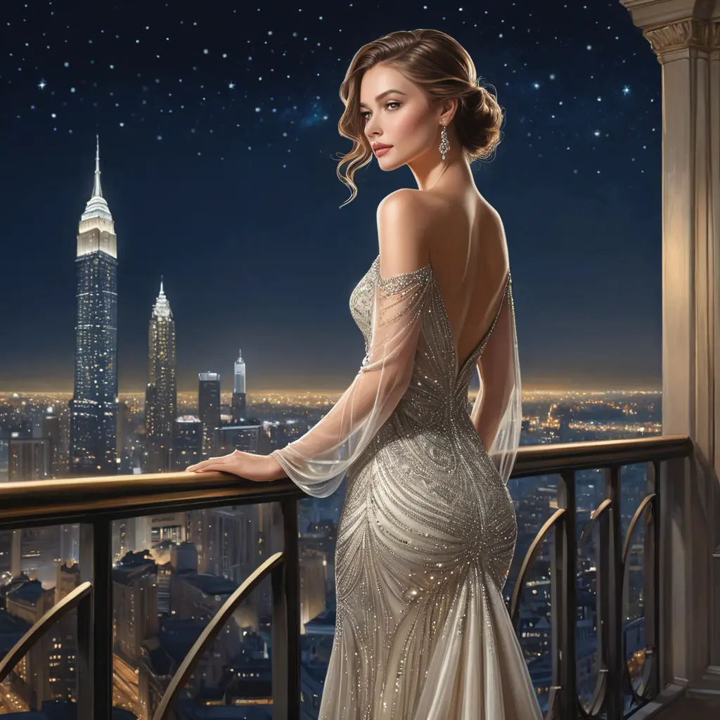 A sophisticated woman in a luxurious, flowing gown, standing on a balcony overlooking a grand cityscape at night, her expression thoughtful, city lights twinkling like stars behind her., Highly Detailed, Half Body, Gorgeous, Stunning, Elegant by Stanley Artgerm Lau