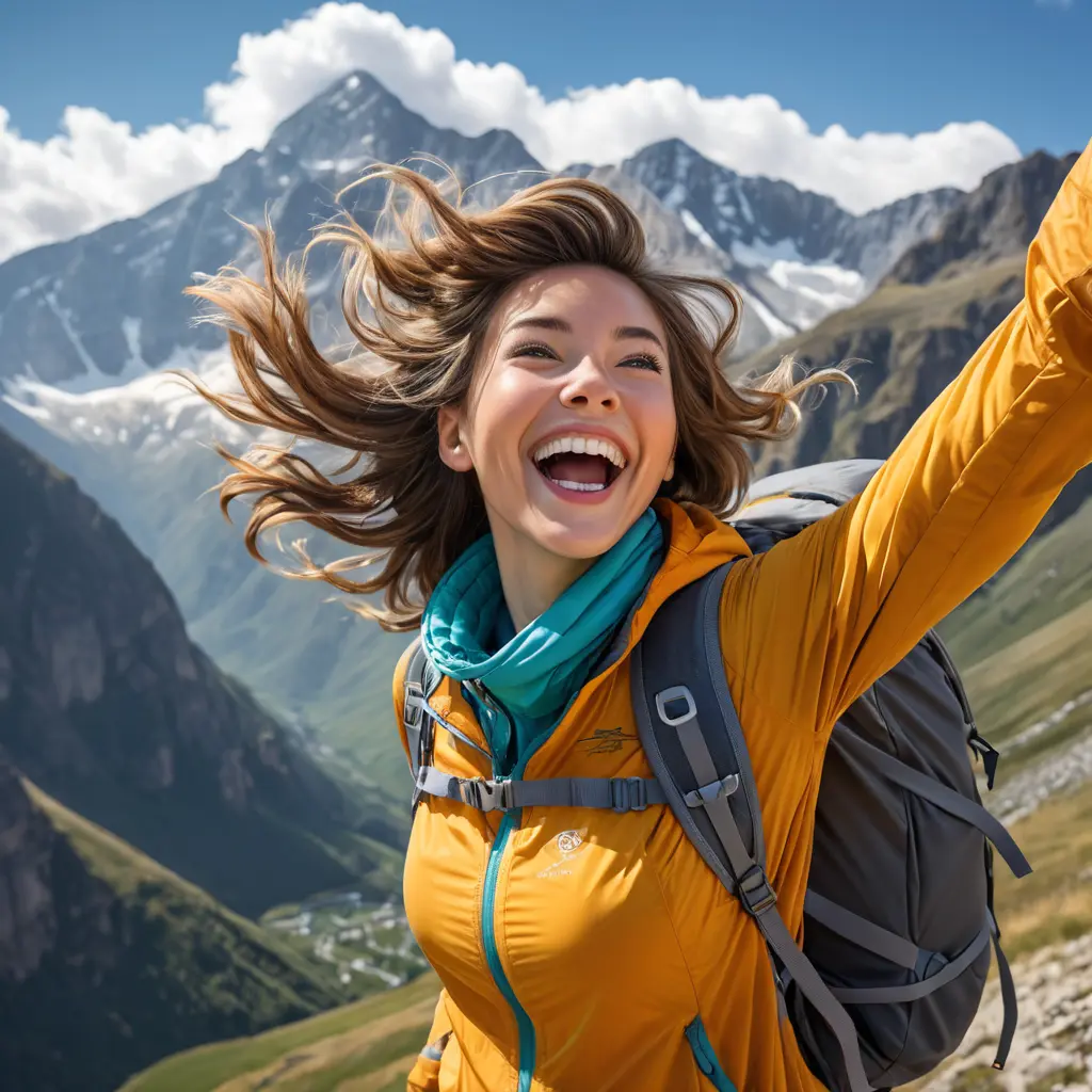 An adventurous explorer woman against a breathtaking mountain backdrop, wearing hiking gear, her joyful laughter echoing through the air, wind tousling her hair and a camera slung around her neck., Highly Detailed, Half Body, Gorgeous, Stunning, Elegant by Stanley Artgerm Lau