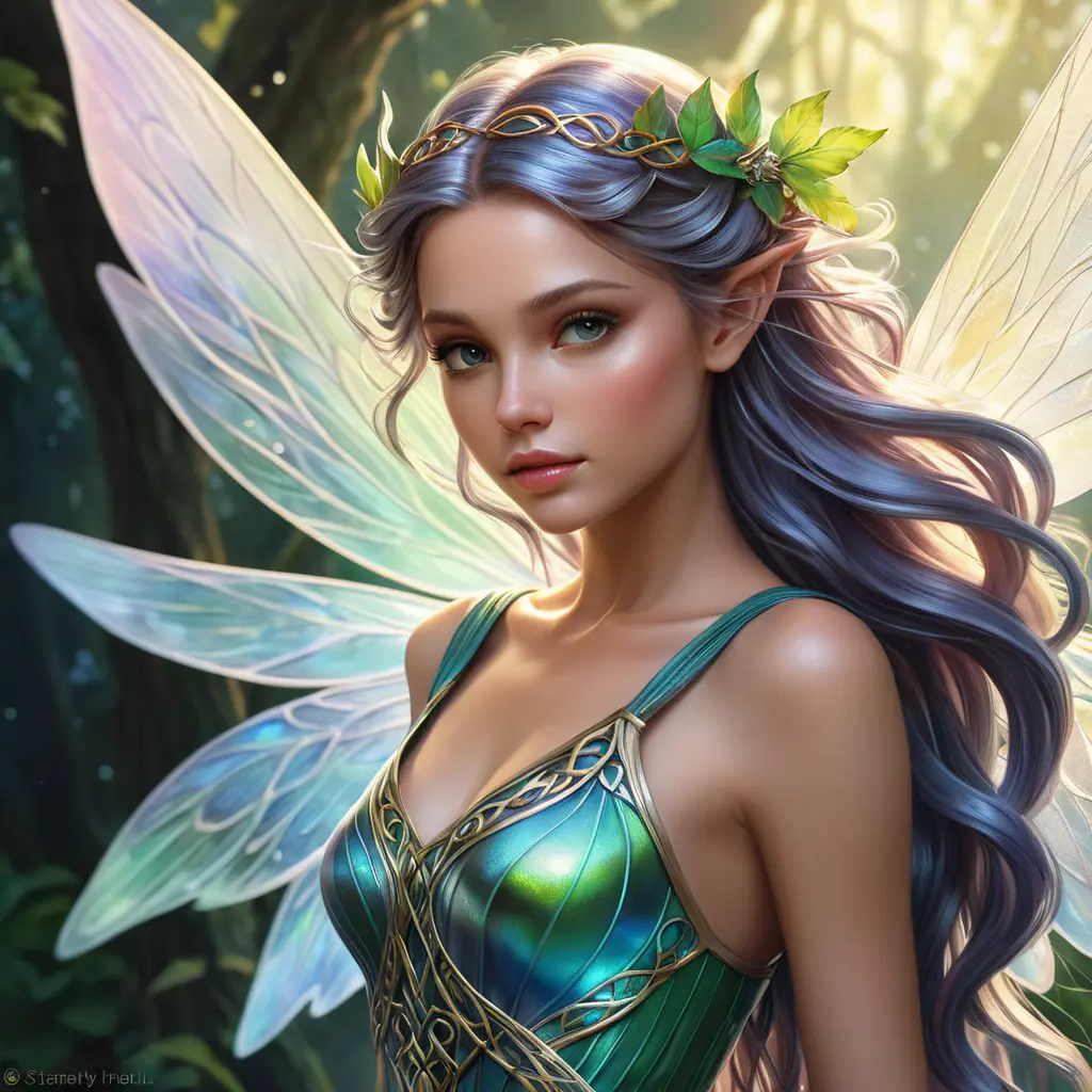 An ethereal fairy from Celtic mythology, wings shimmering with iridescent hues, Highly Detailed, Half Body, Gorgeous, Stunning, Elegant by Stanley Artgerm Lau