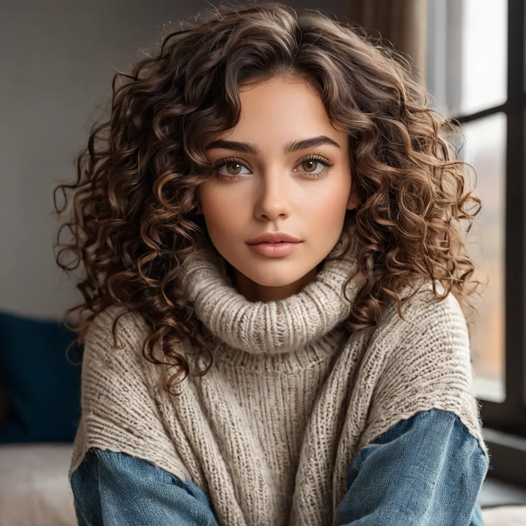 A gorgeous woman with curly dark brown hair and warm hazel eyes, wearing a cozy sweater and distressed denim, Highly Detailed, Half Body, Gorgeous, Stunning, Elegant