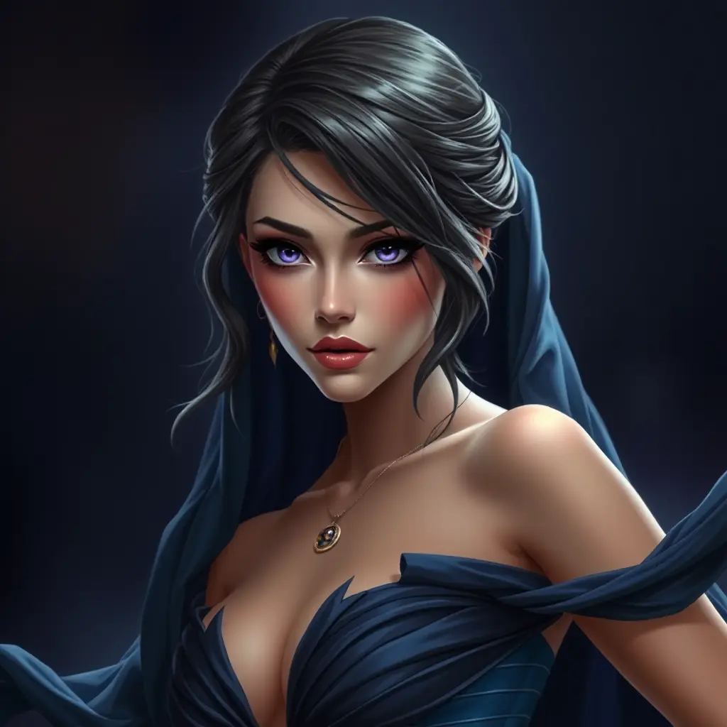 A captivating woman with a mysterious aura and deep violet eyes, draped in a flowing midnight blue gown, Highly Detailed, Half Body, Gorgeous, Stunning, Elegant by Stanley Artgerm Lau