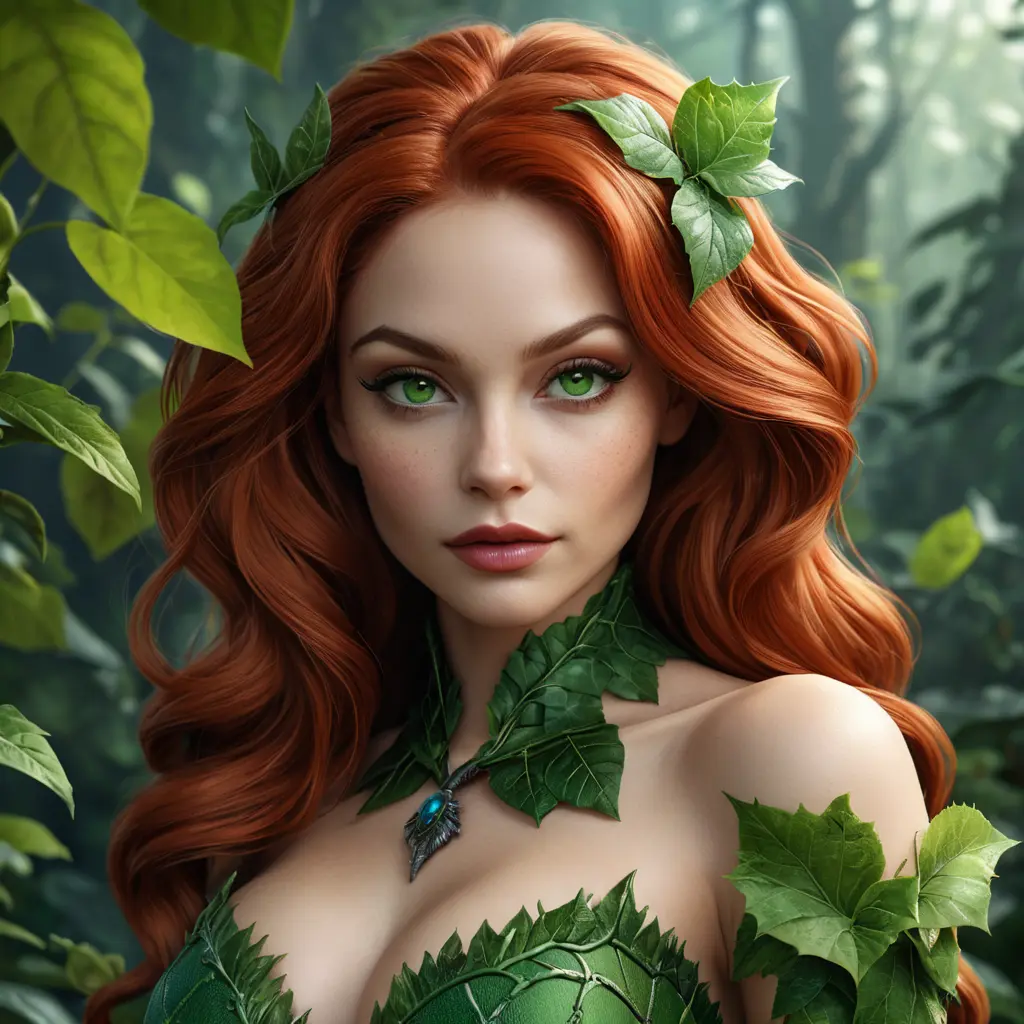 Alluring matte portrait of Poison Ivy in the style of Stefan Kostic, 8k, Highly Detailed, Intricate, Half Body, Matte Painting, Realistic, Sharp Focus, Fantasy by Greg Rutkowski