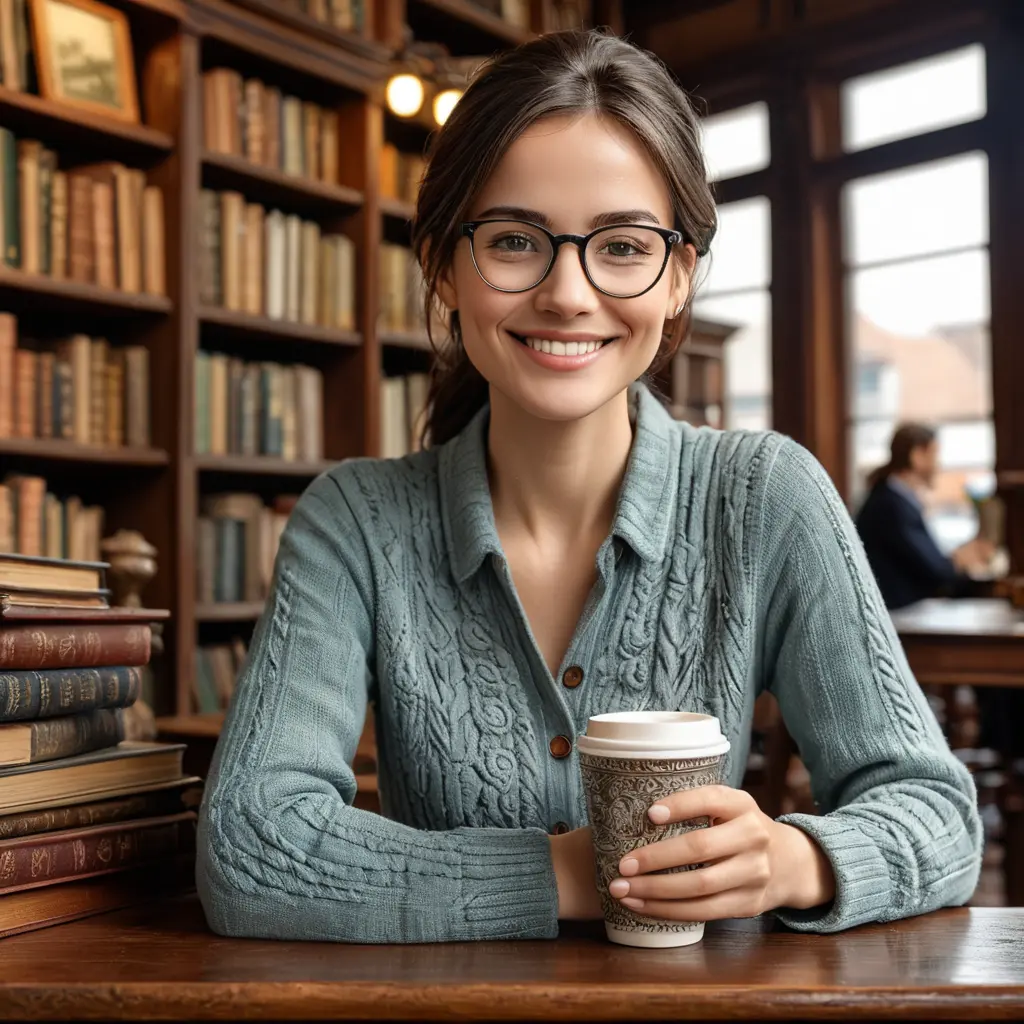 Woman with glasses and a kind smile, holding a cup of coffee while sitting quietly in an antique bookstore, Highly Detailed, Intricate, Half Body, Realistic