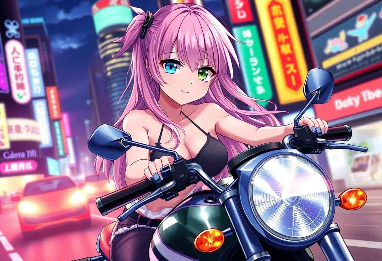 An anime-style illustration of a woman with pink hair and heterochromatic eyes (one blue, one green), riding her motorcycle through neon-lit city streets at night, Highly Detailed, Intricate, Half Body, Realistic