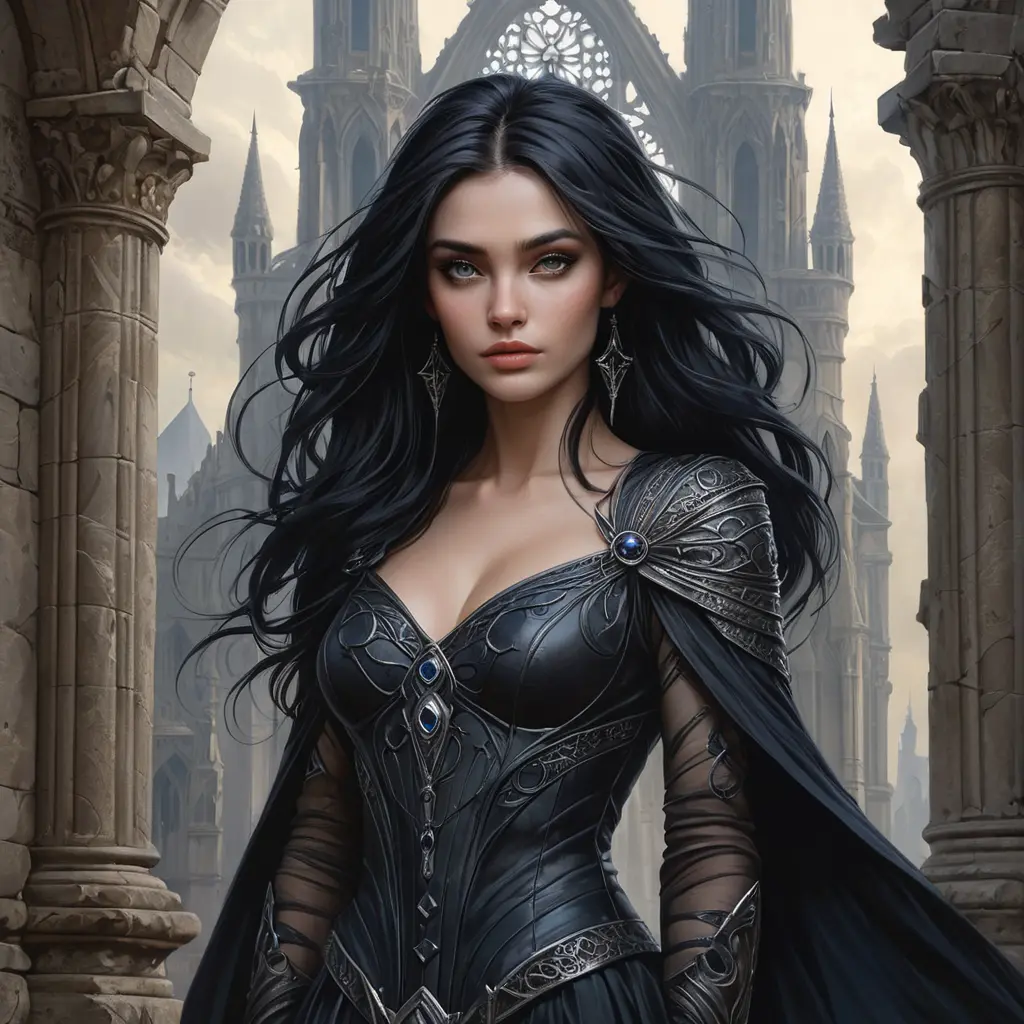 An enchantress standing amidst the ruins of an old, gothic cathedral, her raven hair flowing like a river of midnight ink, her eyes piercing through the shadows cast by the broken spires, a mystical energy emanating from her fingertips., Highly Detailed, Half Body, Gorgeous, Stunning, Elegant by Stanley Artgerm Lau