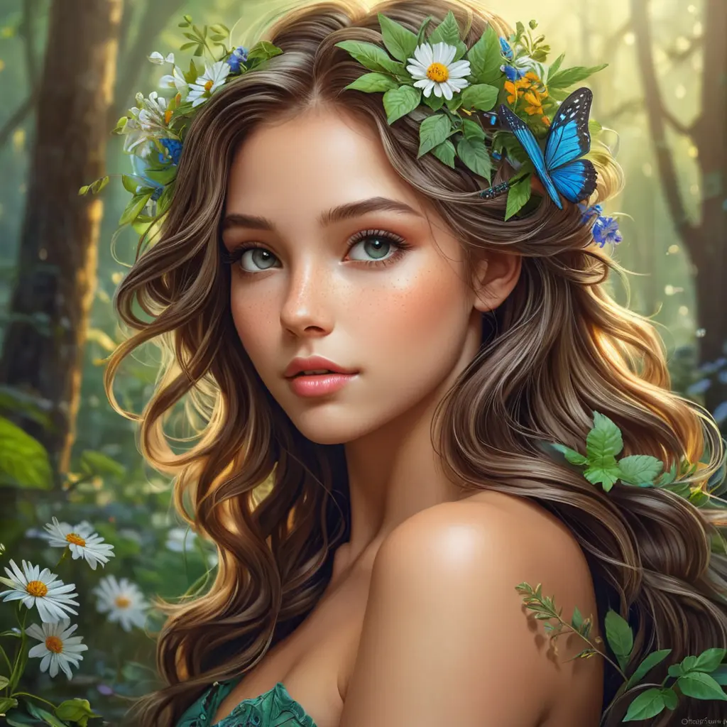 enchanting forest nymph with delicate features, vibrant wildflowers adorning her hair, Highly Detailed, Half Body, Gorgeous, Stunning, Elegant by Stanley Artgerm Lau, Stefan Kostic