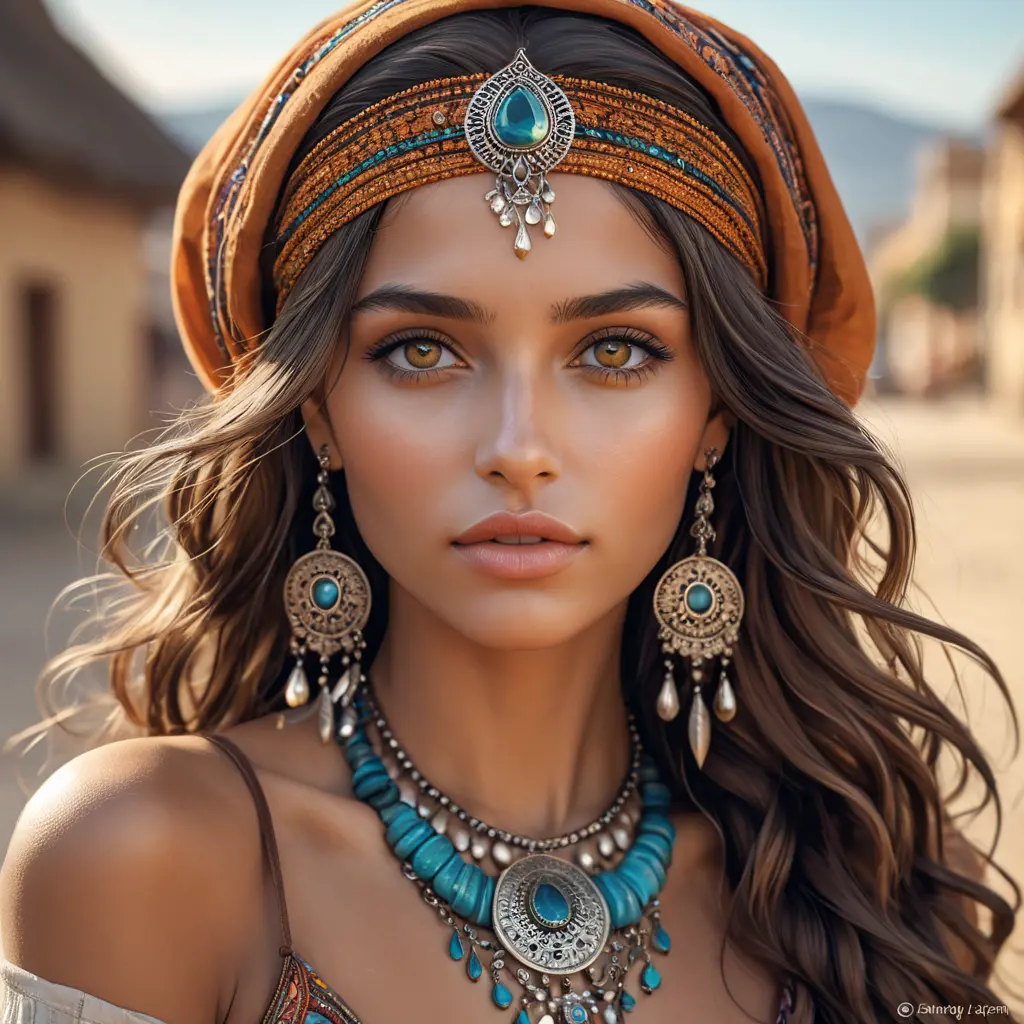 captivating gypsy with deep, soulful eyes, bohemian attire, and a carefree spirit, Highly Detailed, Half Body, Gorgeous, Stunning, Elegant by Stanley Artgerm Lau, Stefan Kostic