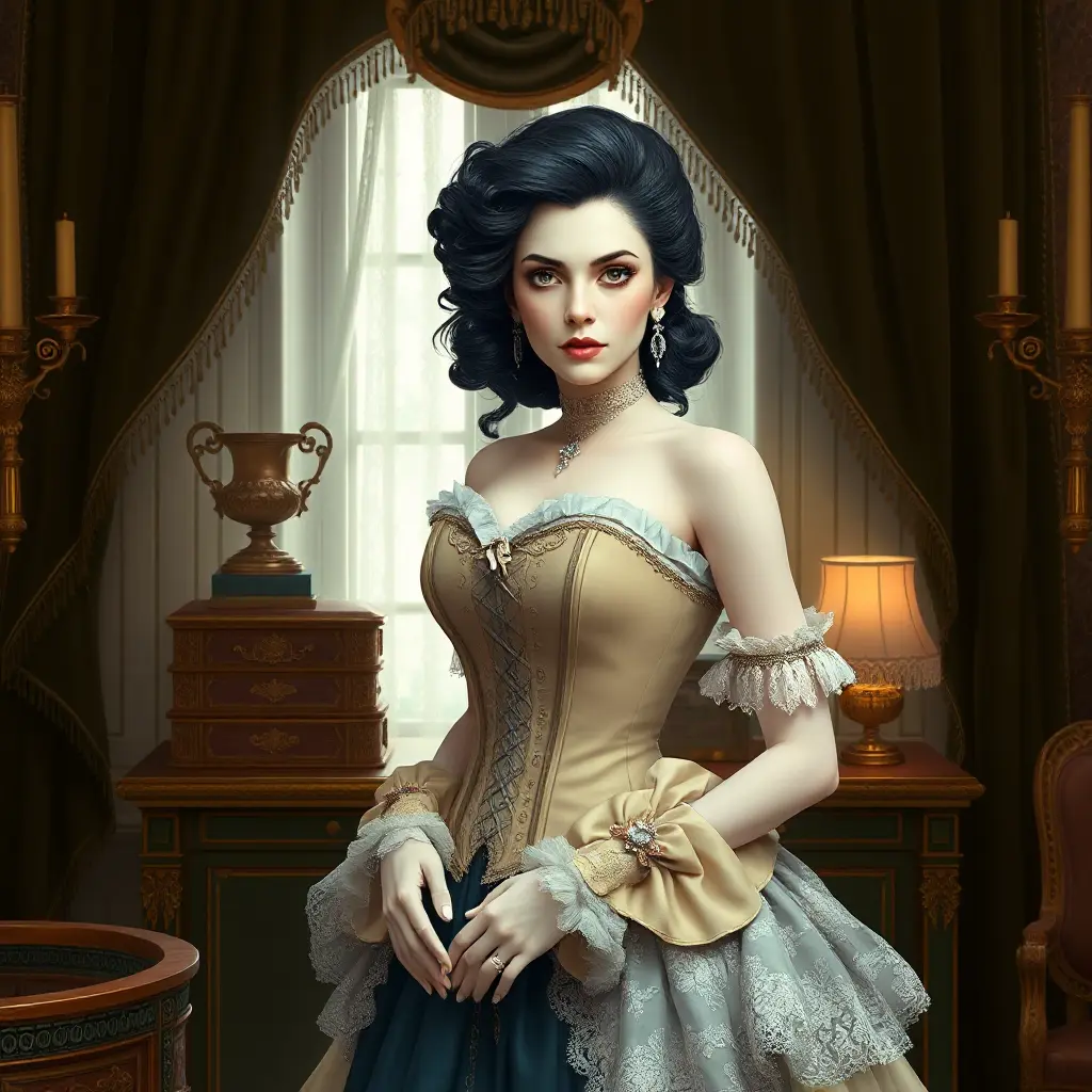 A Victorian-era aristocrat with porcelain skin and raven-black hair, dressed in a corset and bustle, surrounded by opulent furnishings and velvet drapes, Highly Detailed, Half Body, Gorgeous, Stunning, Elegant by Stefan Kostic