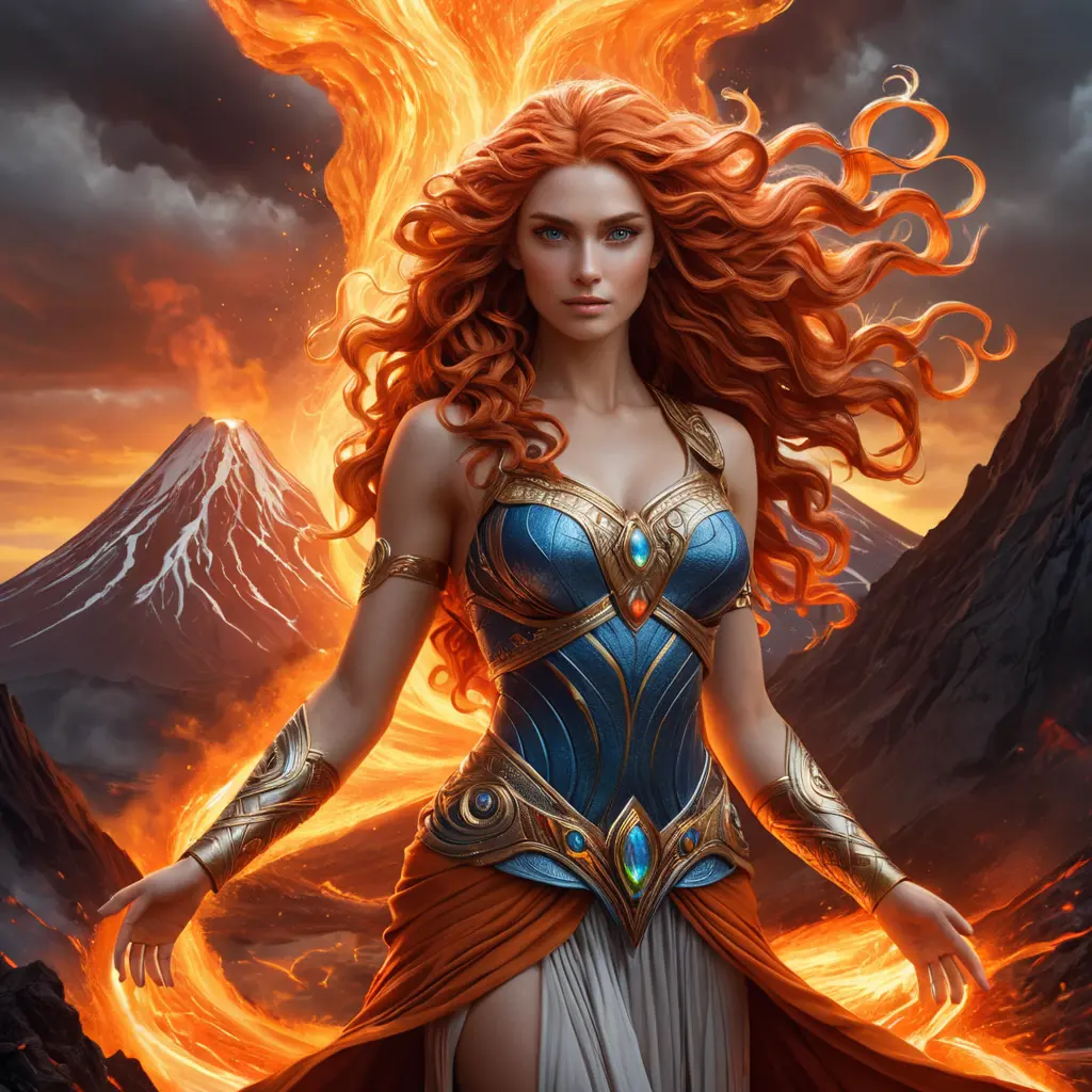 A mythological goddess with flowing, fiery locks and eyes that burn with inner power, standing in front of a roaring volcano, with light and lava swirling around her, Highly Detailed, Half Body, Gorgeous, Stunning, Elegant by Greg Rutkowski