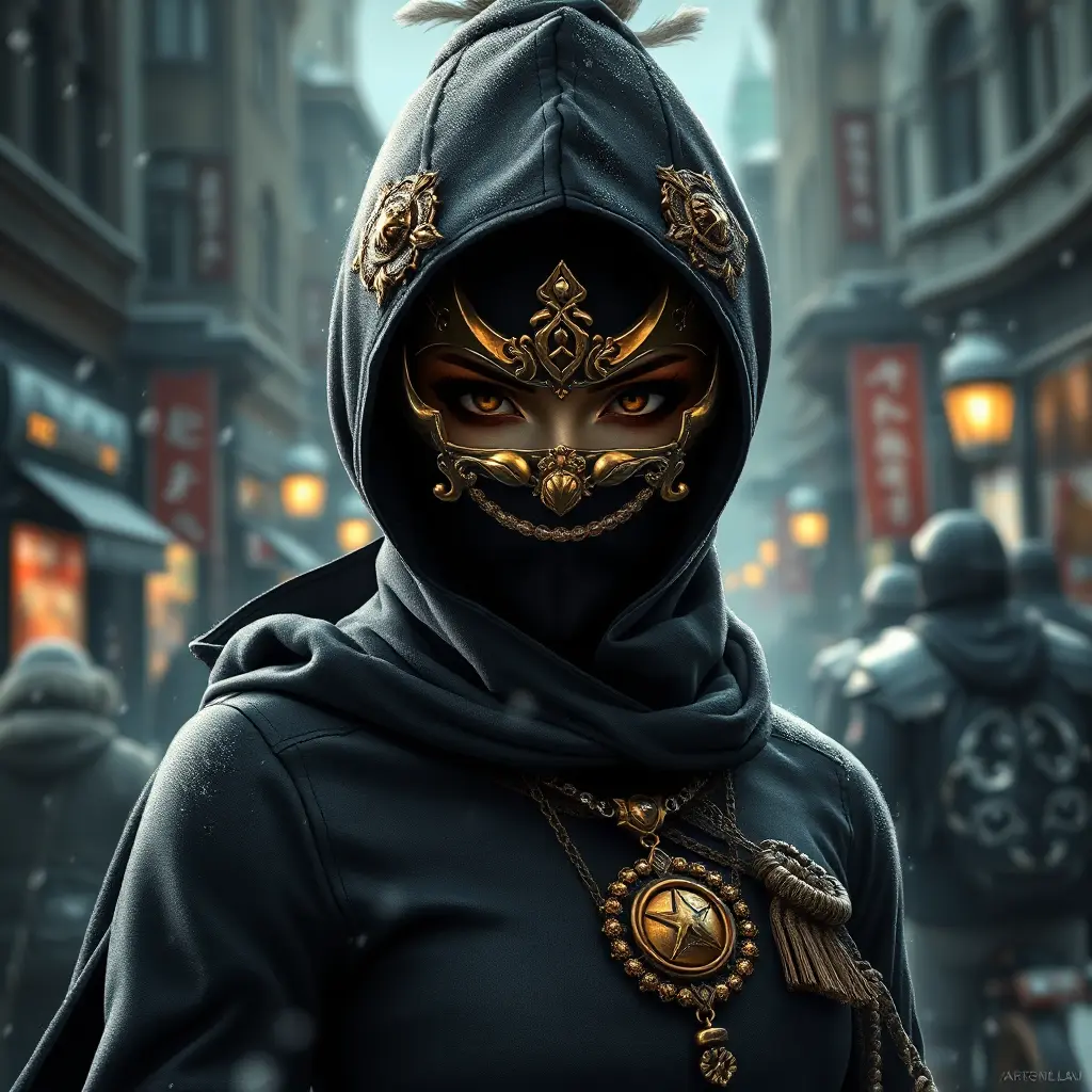 Wallpaper of a mysterious beautiful masked kunoichi ninja wearing eyeliner and gold jewelry in the streets of a dark snowy town in moscow, fluid motion, 8k, Intricate Details, Trending on Artstation, Beautiful, Stunning, Centered by Stanley Artgerm Lau, WLOP