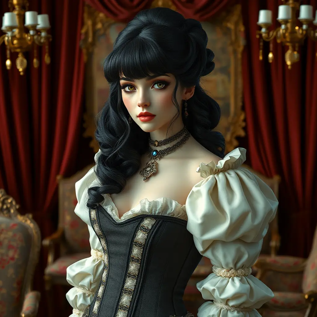 A Victorian-era aristocrat with porcelain skin and raven-black hair, dressed in a corset and bustle, surrounded by opulent furnishings and velvet drapes, Highly Detailed, Half Body, Gorgeous, Stunning, Elegant by Stefan Kostic