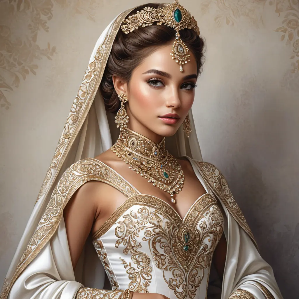 regal queen, draped in luxurious silks, adorned with intricate henna patterns, Highly Detailed, Half Body, Gorgeous, Stunning, Elegant by Stanley Artgerm Lau, Stefan Kostic