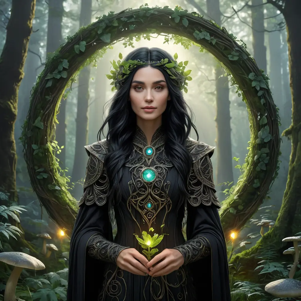 A mystical druid with leaves and vines woven into her raven-black hair, standing amidst a lush, ancient forest, surrounded by a circle of glowing, ethereal mushrooms, Highly Detailed, Half Body, Gorgeous, Stunning, Elegant by Stefan Kostic