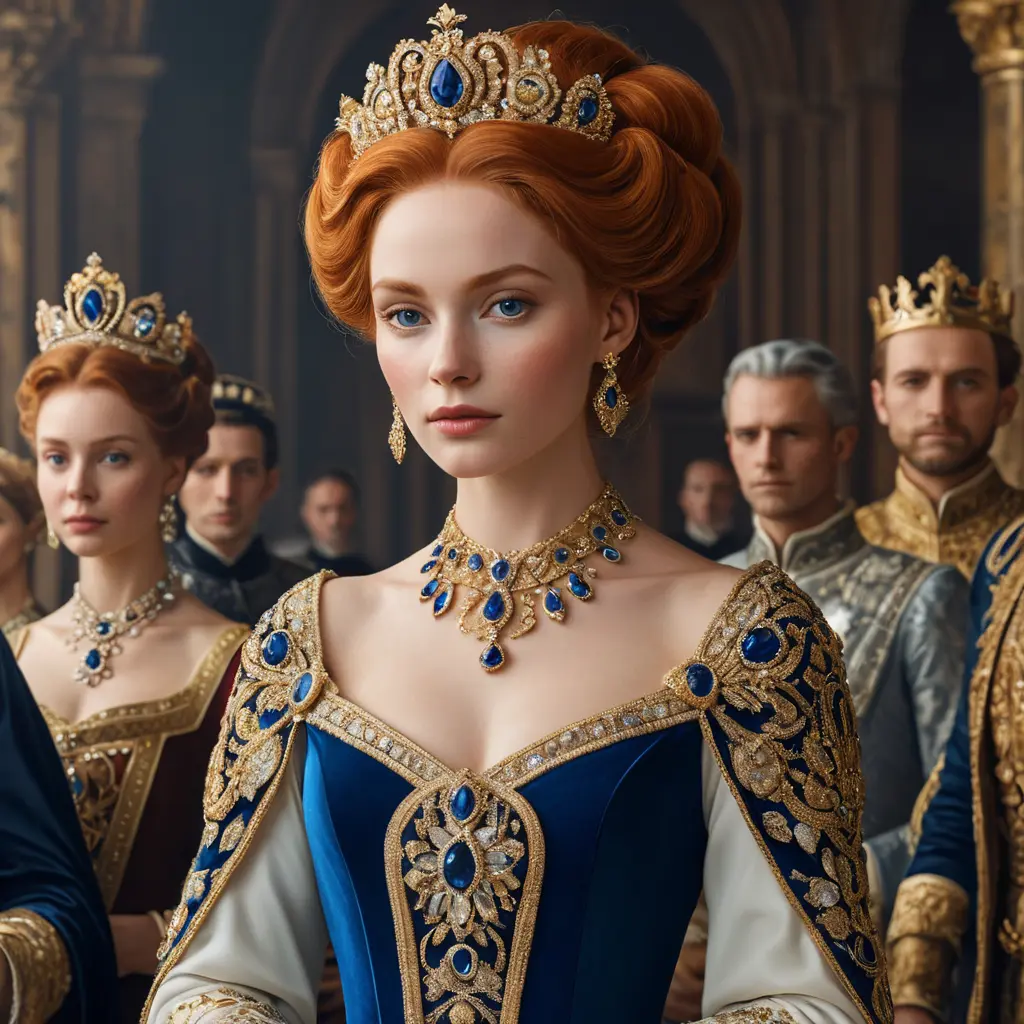 A regal queen with porcelain skin and fiery red locks, adorned in a gown of shimmering gold and sapphire, surrounded by a retinue of loyal courtiers, Highly Detailed, Half Body, Gorgeous, Stunning, Elegant by Stefan Kostic