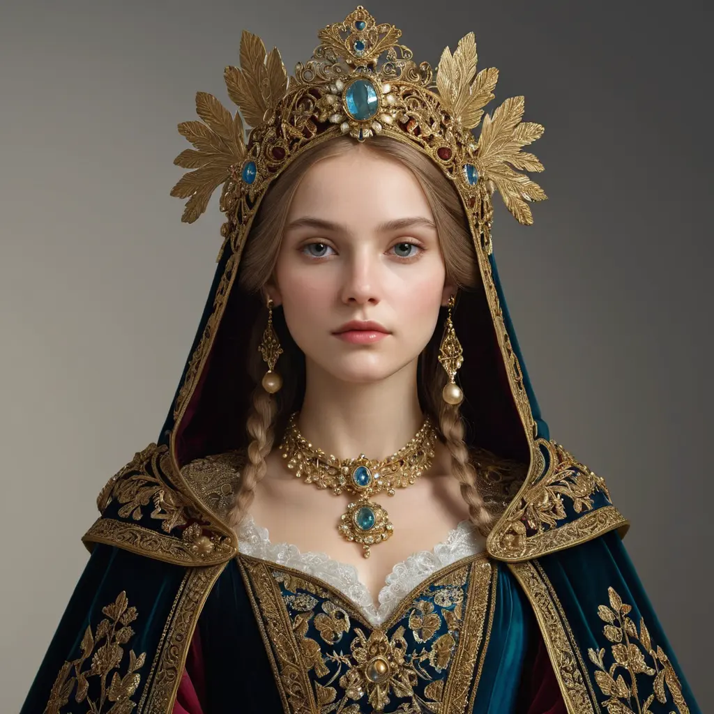 Renaissance-era noblewoman with a intricate golden headdress and a velvet cloak, Highly Detailed, Half Body, Gorgeous, Stunning, Elegant by WLOP