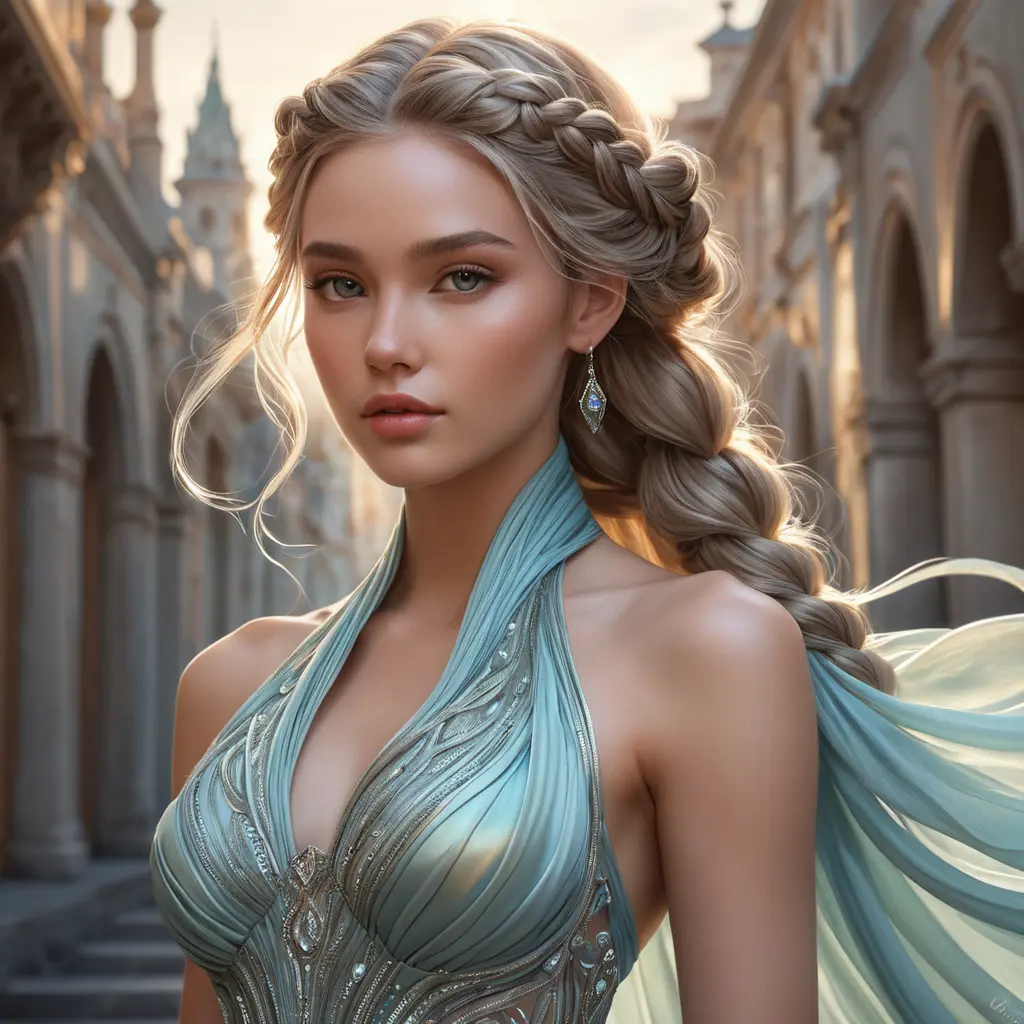 ethereal goddess with flowing gown, intricate braids, and otherworldly glow, Highly Detailed, Half Body, Gorgeous, Stunning, Elegant by Stanley Artgerm Lau, Stefan Kostic