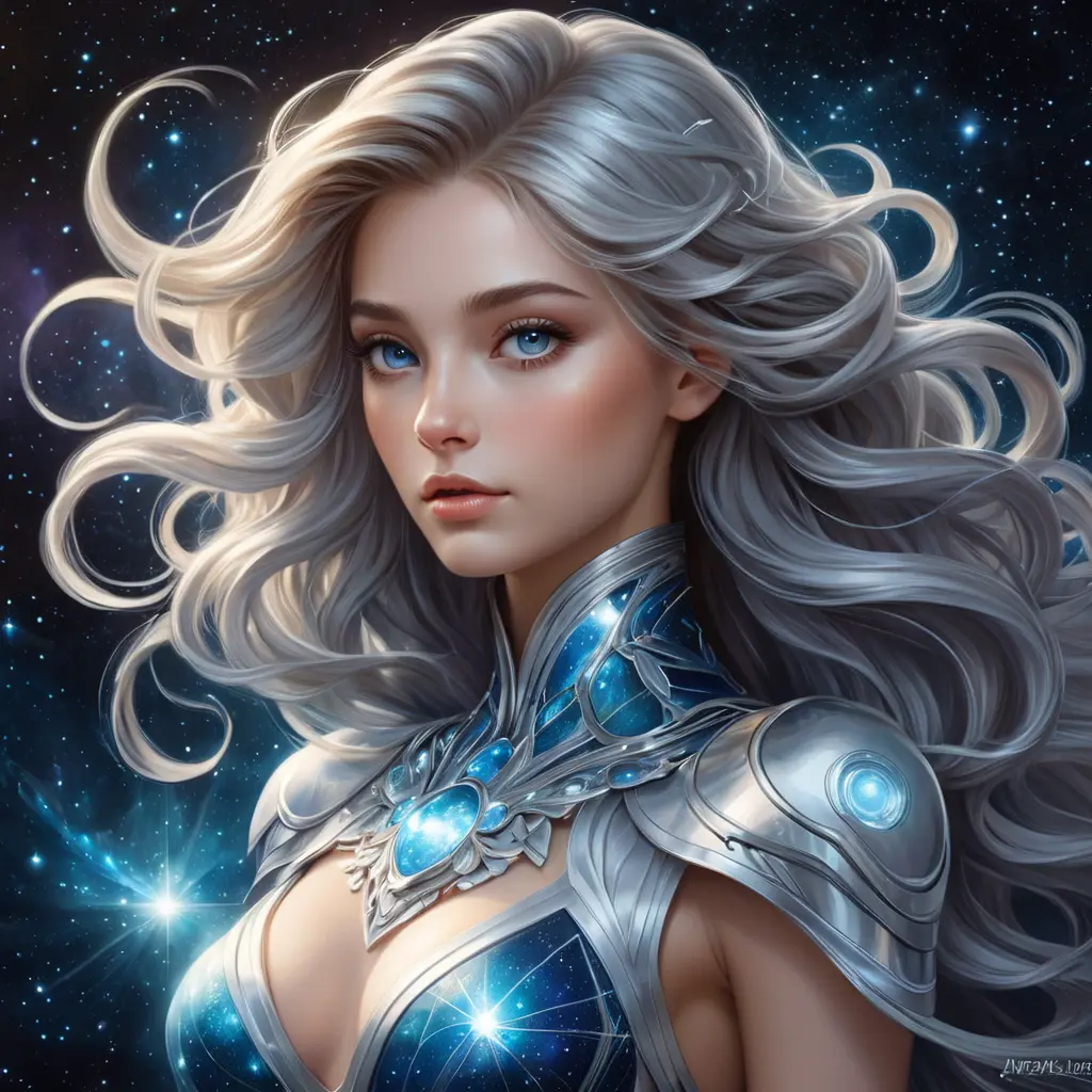 celestial being with cosmic eyes, stardust-infused tresses, and a transcendent aura, Highly Detailed, Half Body, Gorgeous, Stunning, Elegant by Stanley Artgerm Lau, Stefan Kostic