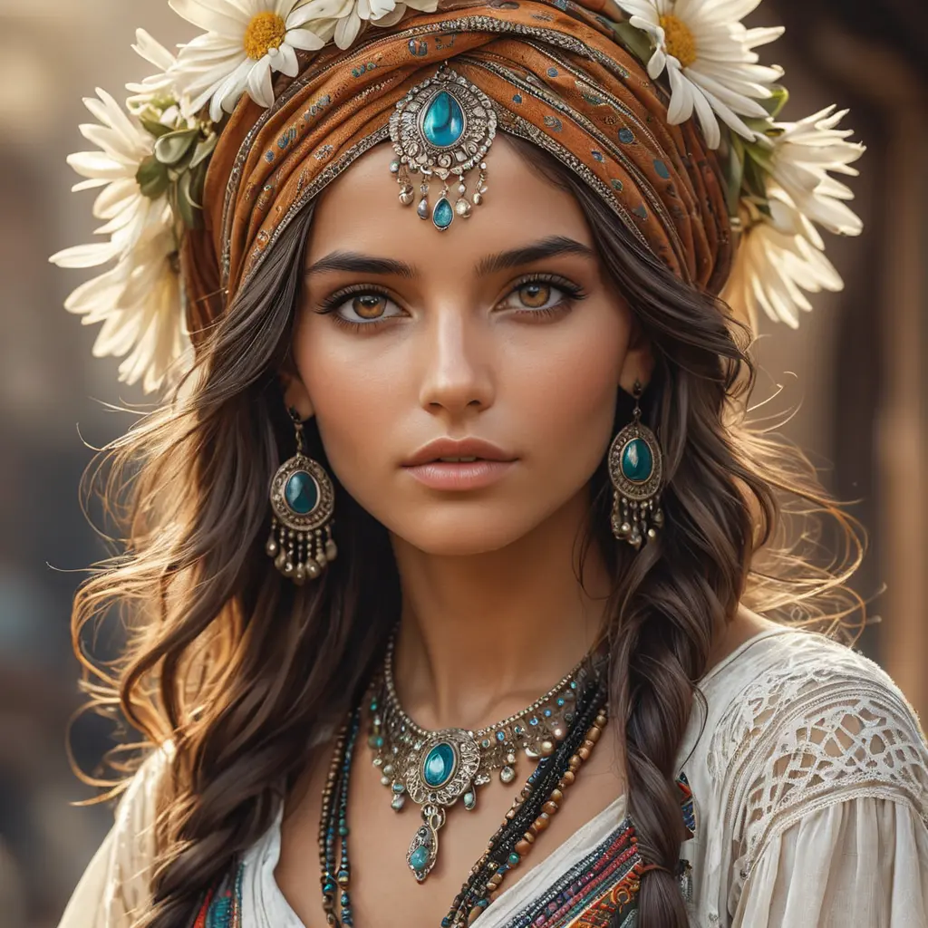 captivating gypsy with deep, soulful eyes, bohemian attire, and a carefree spirit, Highly Detailed, Half Body, Gorgeous, Stunning, Elegant by Stanley Artgerm Lau, Stefan Kostic