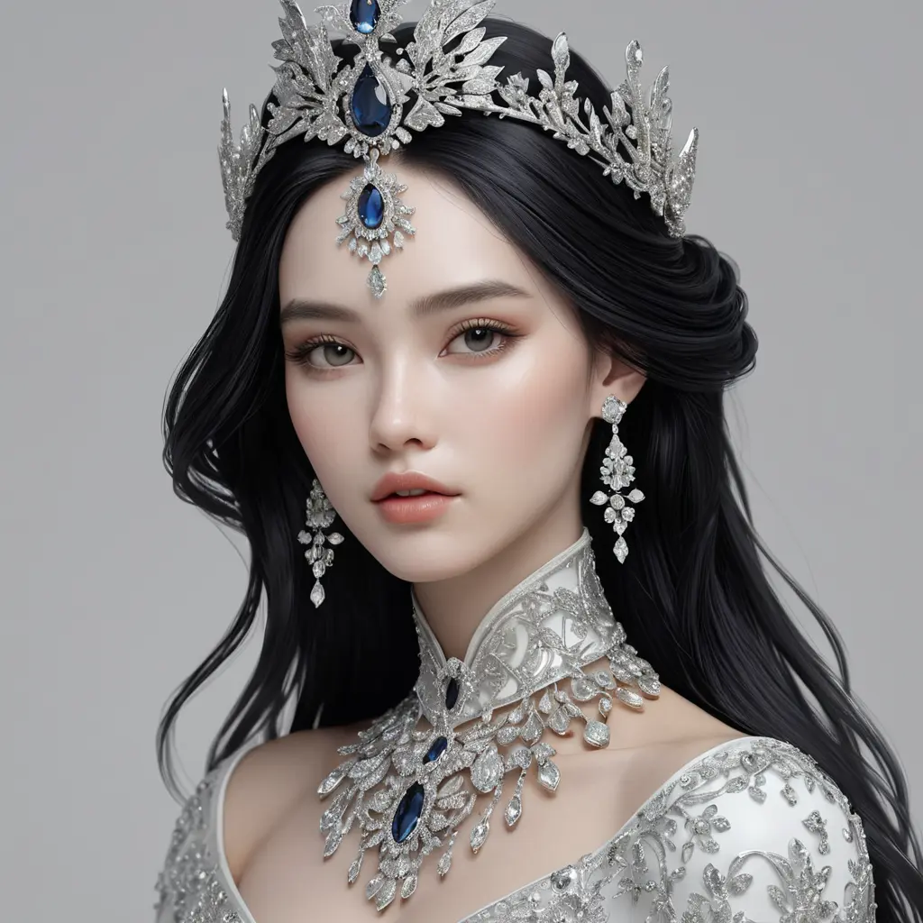 Ethereal queen with porcelain skin and raven-black hair adorned with diamonds, Highly Detailed, Half Body, Gorgeous, Stunning, Elegant by WLOP