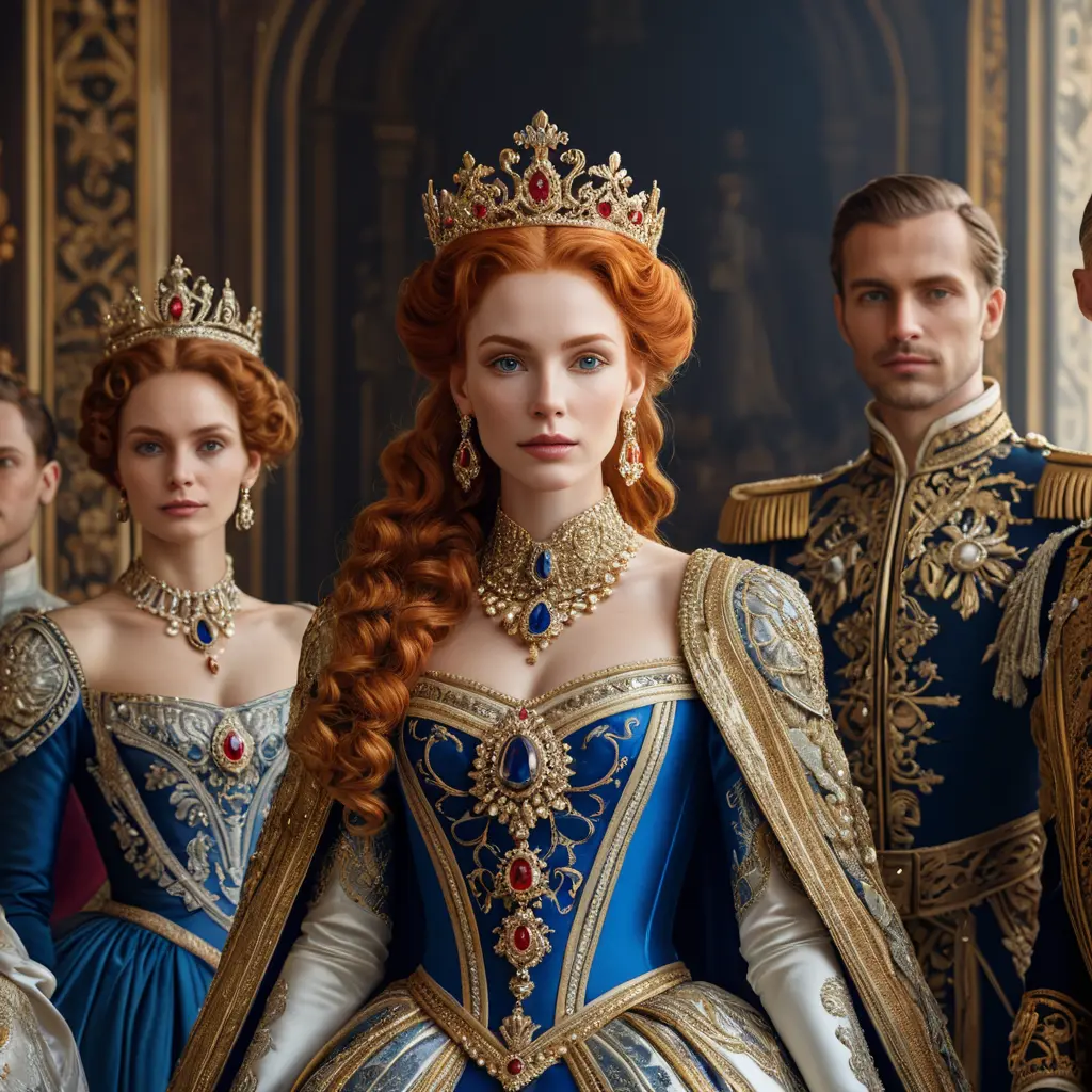 A regal queen with porcelain skin and fiery red locks, adorned in a gown of shimmering gold and sapphire, surrounded by a retinue of loyal courtiers, Highly Detailed, Half Body, Gorgeous, Stunning, Elegant by Stefan Kostic