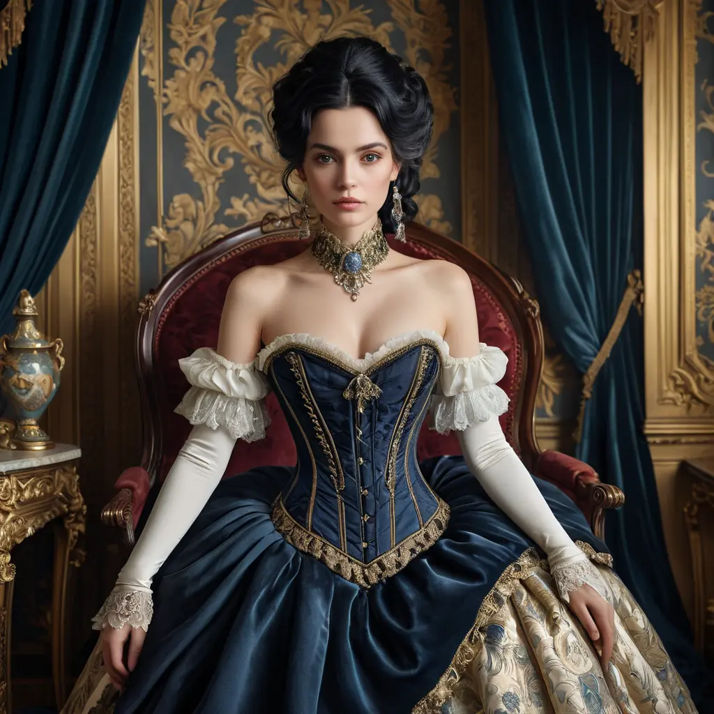 A Victorian-era aristocrat with porcelain skin and raven-black hair, dressed in a corset and bustle, surrounded by opulent furnishings and velvet drapes, Highly Detailed, Half Body, Gorgeous, Stunning, Elegant by Stefan Kostic