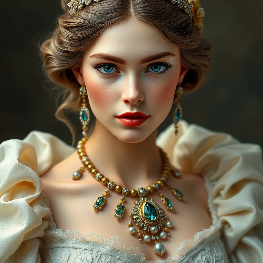 elegant renaissance beauty, porcelain skin, ornate jewels, and timeless grace, Highly Detailed, Half Body, Gorgeous, Stunning, Elegant by Stanley Artgerm Lau, Stefan Kostic