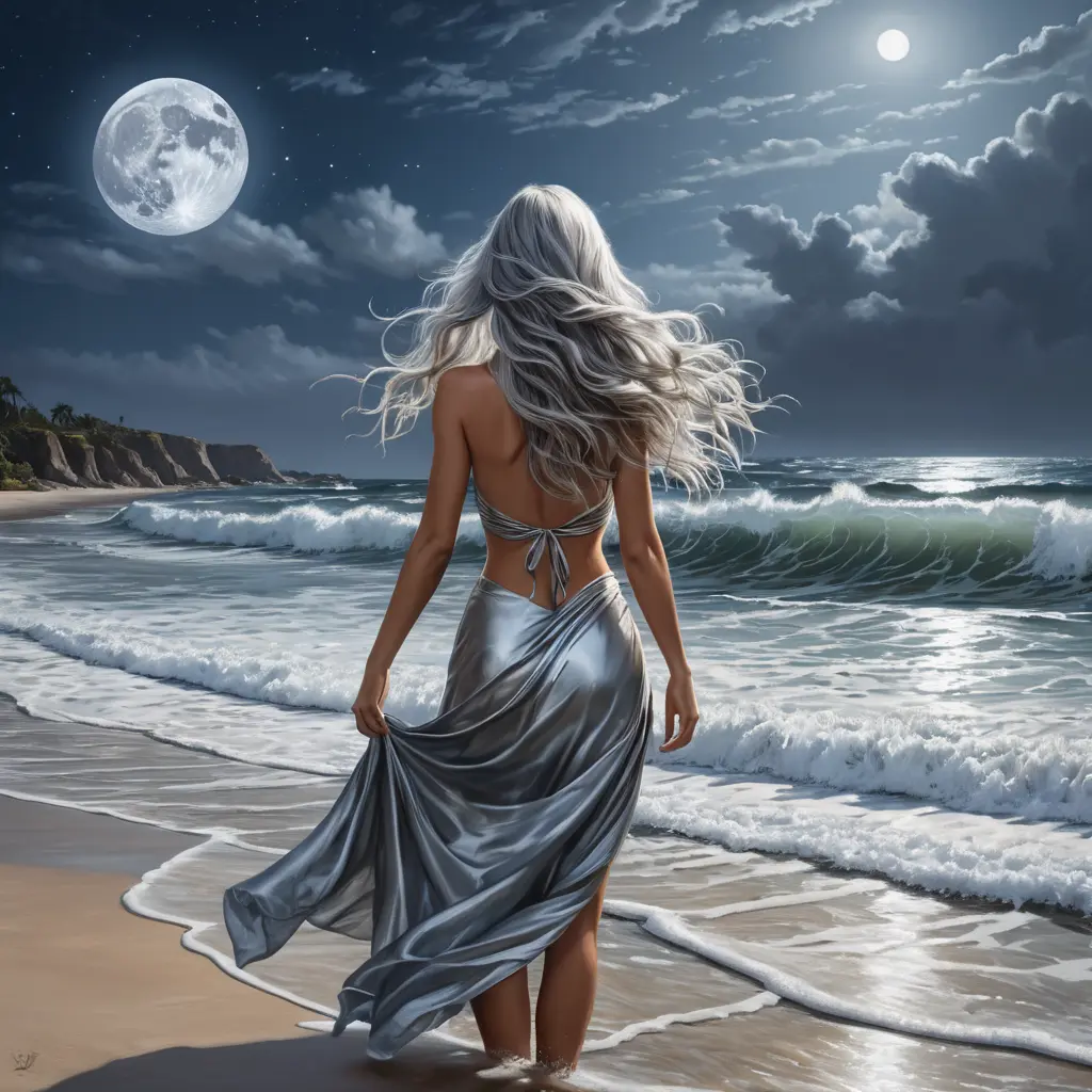 A woman standing on a moonlit beach, with her long, silver hair flowing behind her, as the waves crash against the shore, Highly Detailed, Half Body, Gorgeous, Stunning, Elegant by Greg Rutkowski