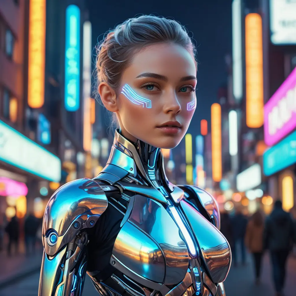 A futuristic cyborg with gleaming silver limbs and a radiant, iridescent aura, set against a backdrop of neon-lit cityscapes, Highly Detailed, Half Body, Gorgeous, Stunning, Elegant by Stefan Kostic