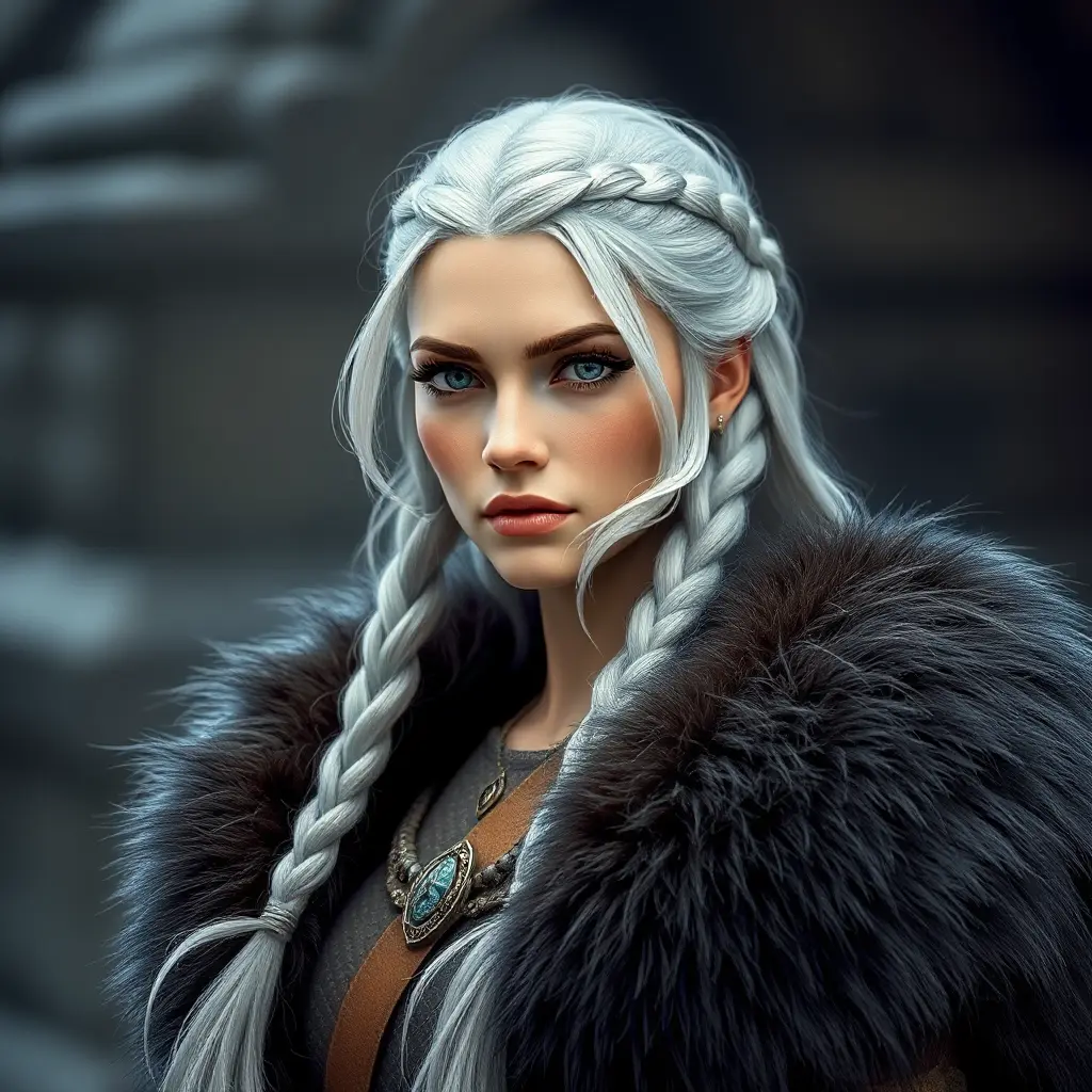 Viking warrior queen with braided silver hair and a fur-lined cloak, Highly Detailed, Half Body, Gorgeous, Stunning, Elegant by WLOP