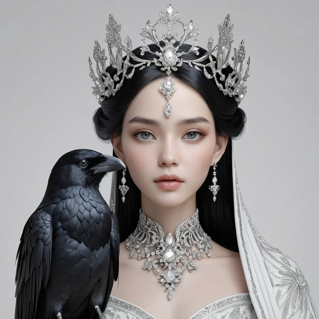 Ethereal queen with porcelain skin and raven-black hair adorned with diamonds, Highly Detailed, Half Body, Gorgeous, Stunning, Elegant by WLOP