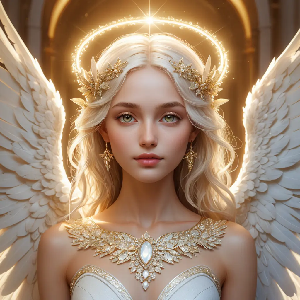 A celestial being with wings of pure white and eyes like stars, floating amidst a halo of soft, golden light, Highly Detailed, Half Body, Gorgeous, Stunning, Elegant by Stefan Kostic