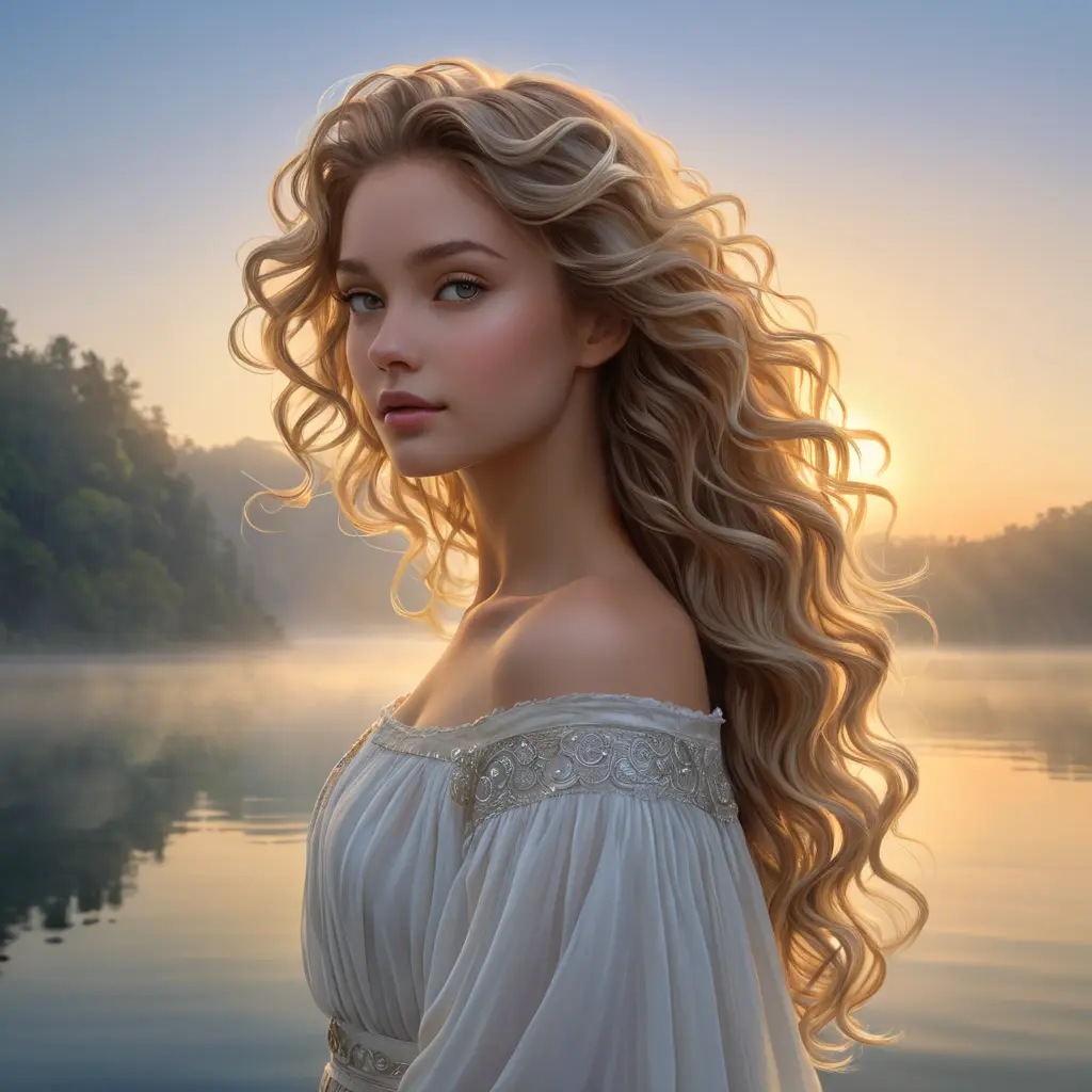 An ethereal beauty, with cascading curls of sunlight-kissed hair, stands at the edge of a serene lake as dawn breaks, her silhouette a blend of soft light and gentle mist, radiating an aura of tranquility and grace., Highly Detailed, Half Body, Gorgeous, Stunning, Elegant by Stanley Artgerm Lau