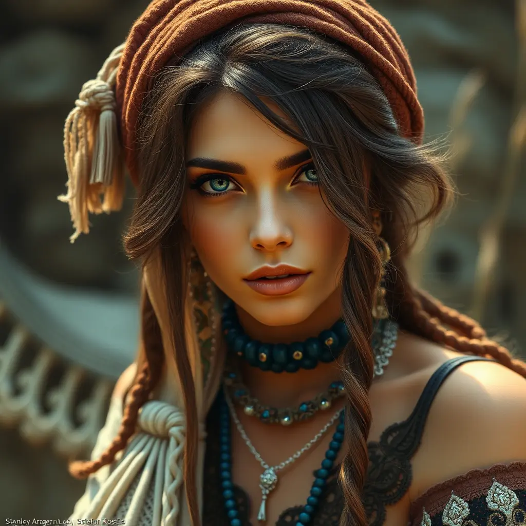 captivating gypsy with deep, soulful eyes, bohemian attire, and a carefree spirit, Highly Detailed, Half Body, Gorgeous, Stunning, Elegant by Stanley Artgerm Lau, Stefan Kostic