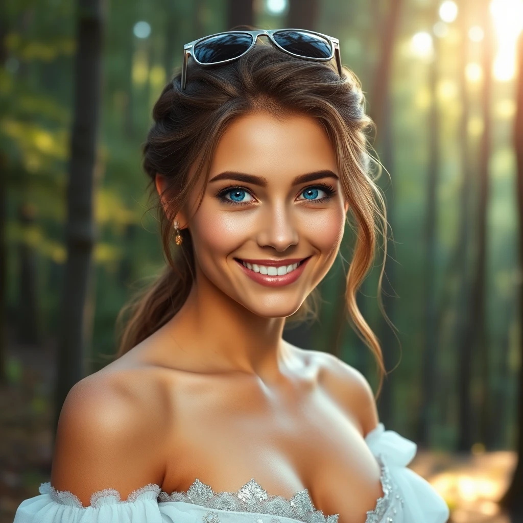 A radiant woman with piercing blue eyes, smiling warmly in a serene forest setting