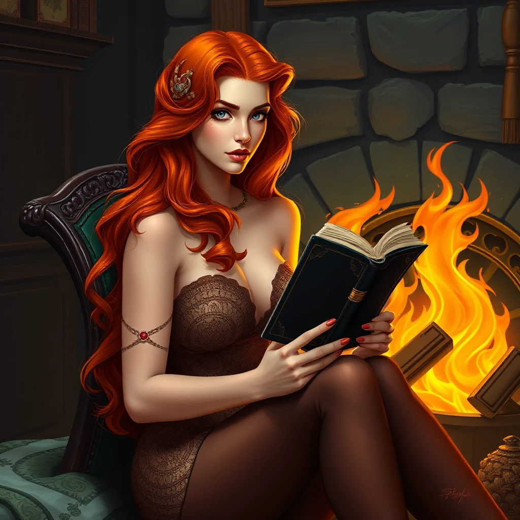 A mesmerizing woman with fiery red hair, sitting by a cozy fireplace with a book