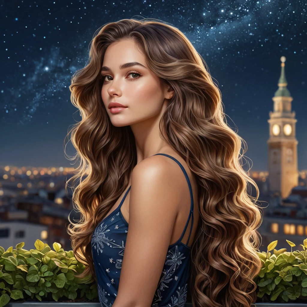 A captivating woman with long, wavy hair, gazing at the stars from a rooftop garden