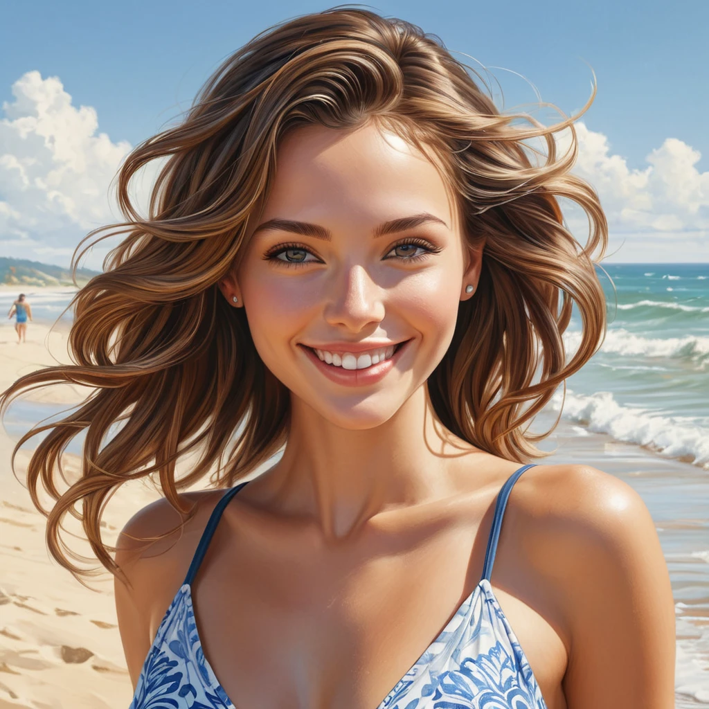 A charming woman with a playful smile, enjoying a sunny day at the beach