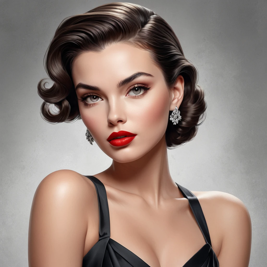 a confident, 1950s-style femme fatale with bold, crimson lips and a sultry gaze