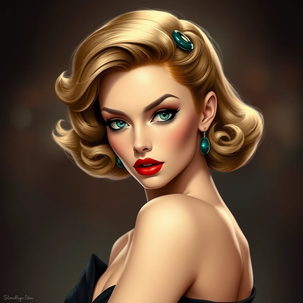 a confident, 1950s-style femme fatale with bold, crimson lips and a sultry gaze