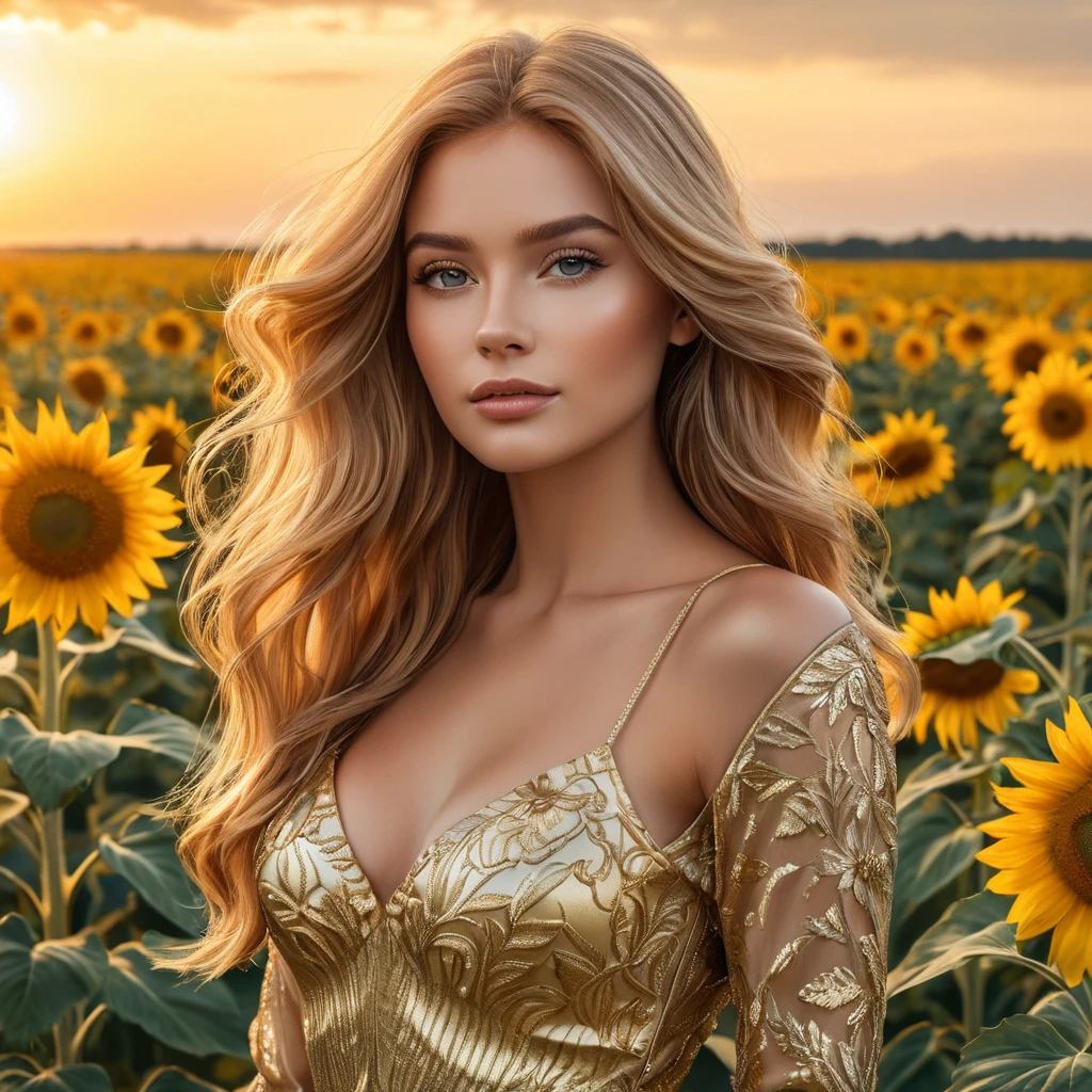 A stunning woman with flowing golden hair, standing in a field of sunflowers at sunset