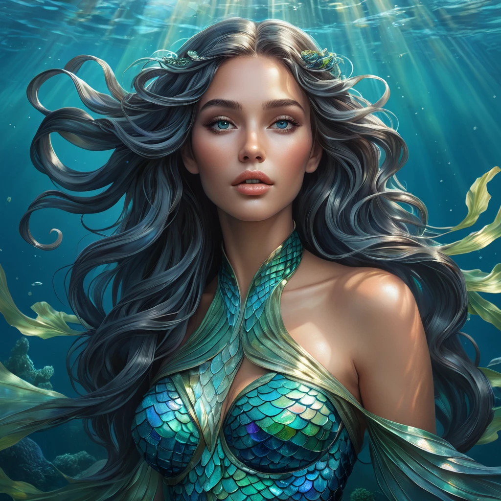 a mystical, dreamlike siren with iridescent scales and flowing locks of kelp, beneath a shimmering ocean surface