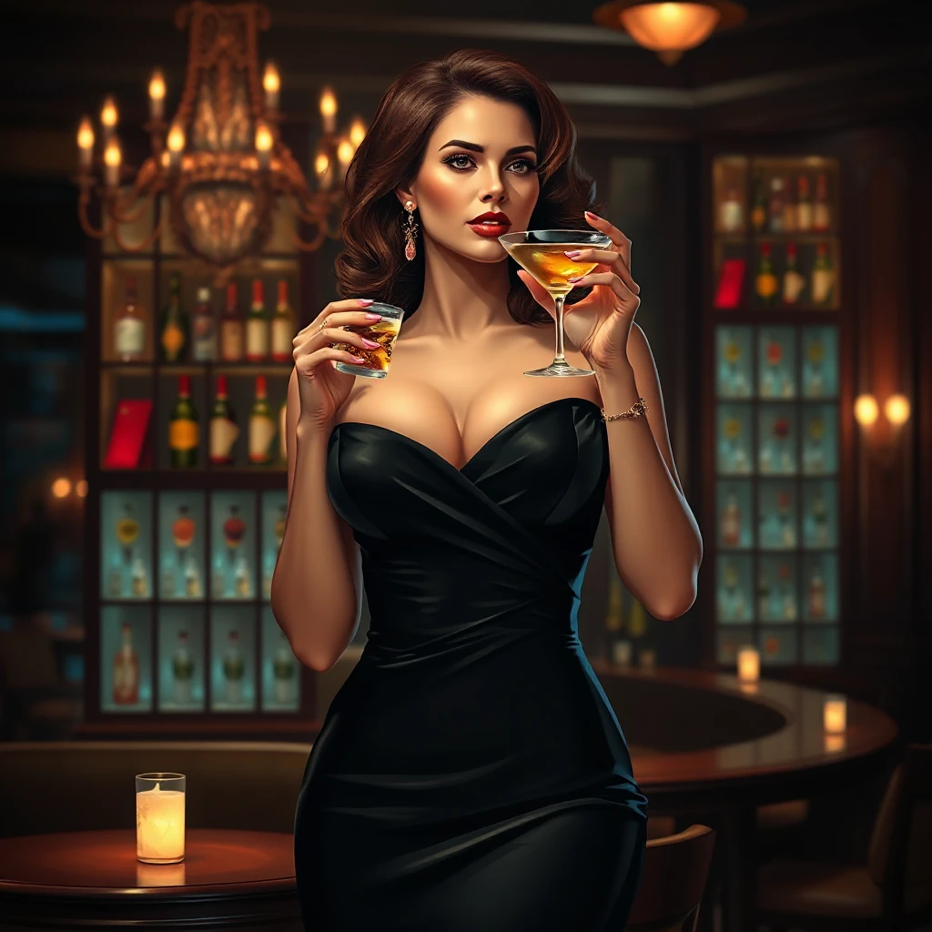 A sophisticated woman in a black cocktail dress, sipping a martini in a dimly lit lounge