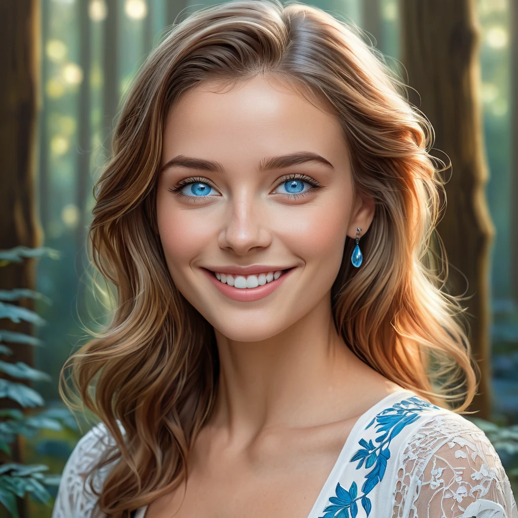 A radiant woman with piercing blue eyes, smiling warmly in a serene forest setting