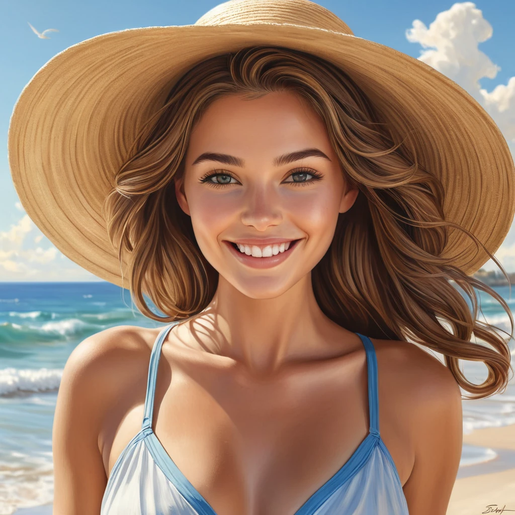 A charming woman with a playful smile, enjoying a sunny day at the beach