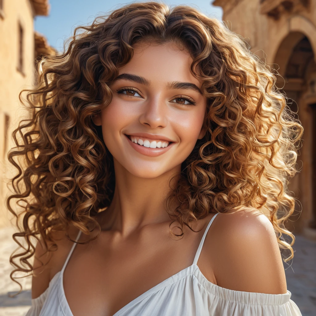 a bright, sun-kissed Mediterranean goddess with luscious, curly hair and a warm, inviting smile