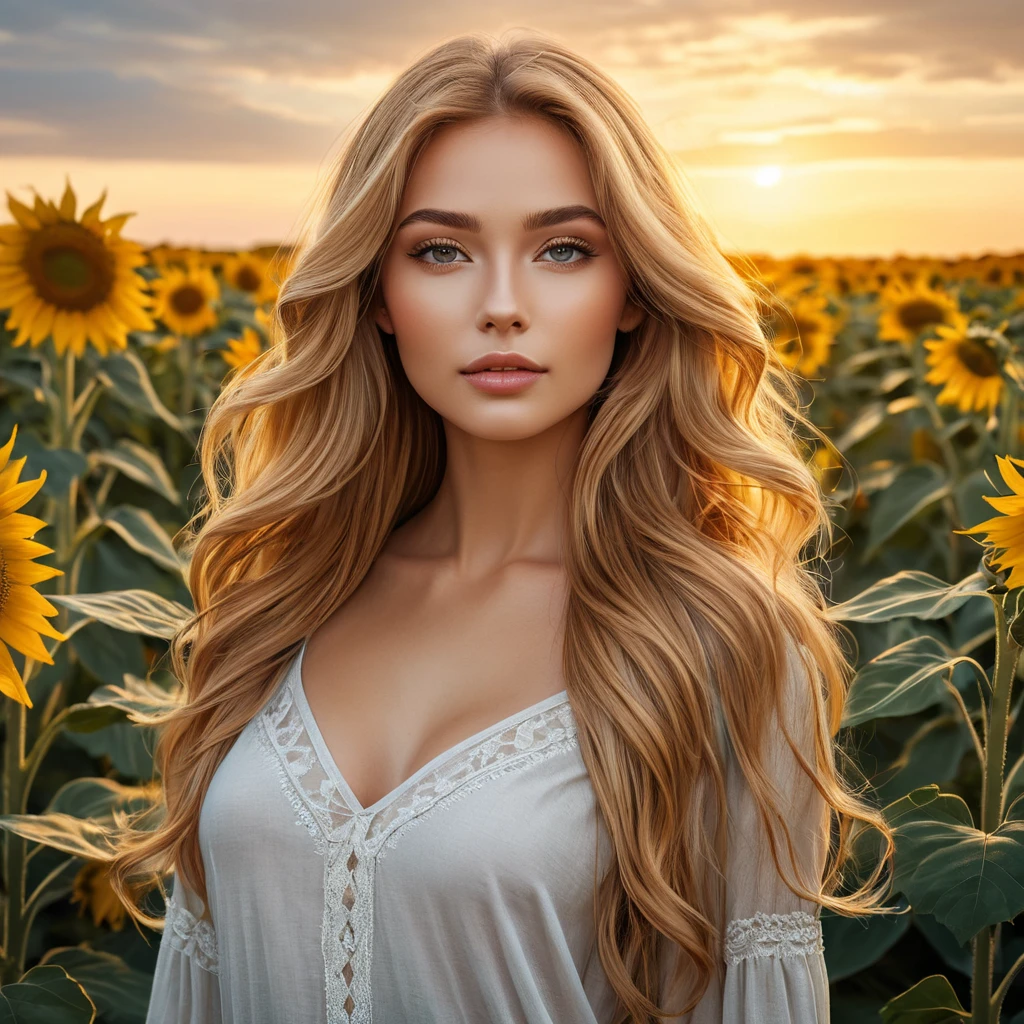 A stunning woman with flowing golden hair, standing in a field of sunflowers at sunset