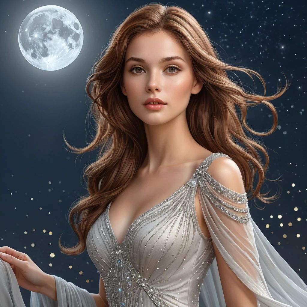 A serene fantasy woman with waist-length chestnut brown hair that frames her delicate features and contrasts beautifully with her soft, flowing dress that sparkles like star dust under the moonlight.