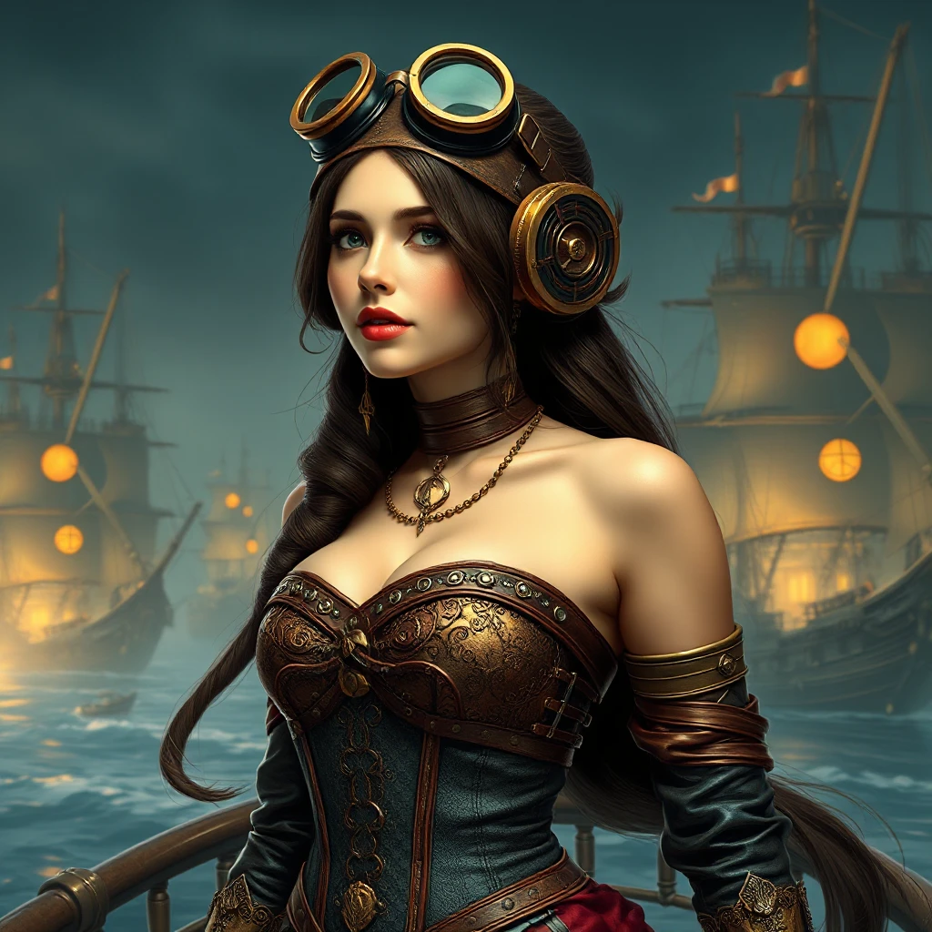 Steampunk princess in a brass and leather corset, goggles atop her head, standing on the deck of a floating airship city