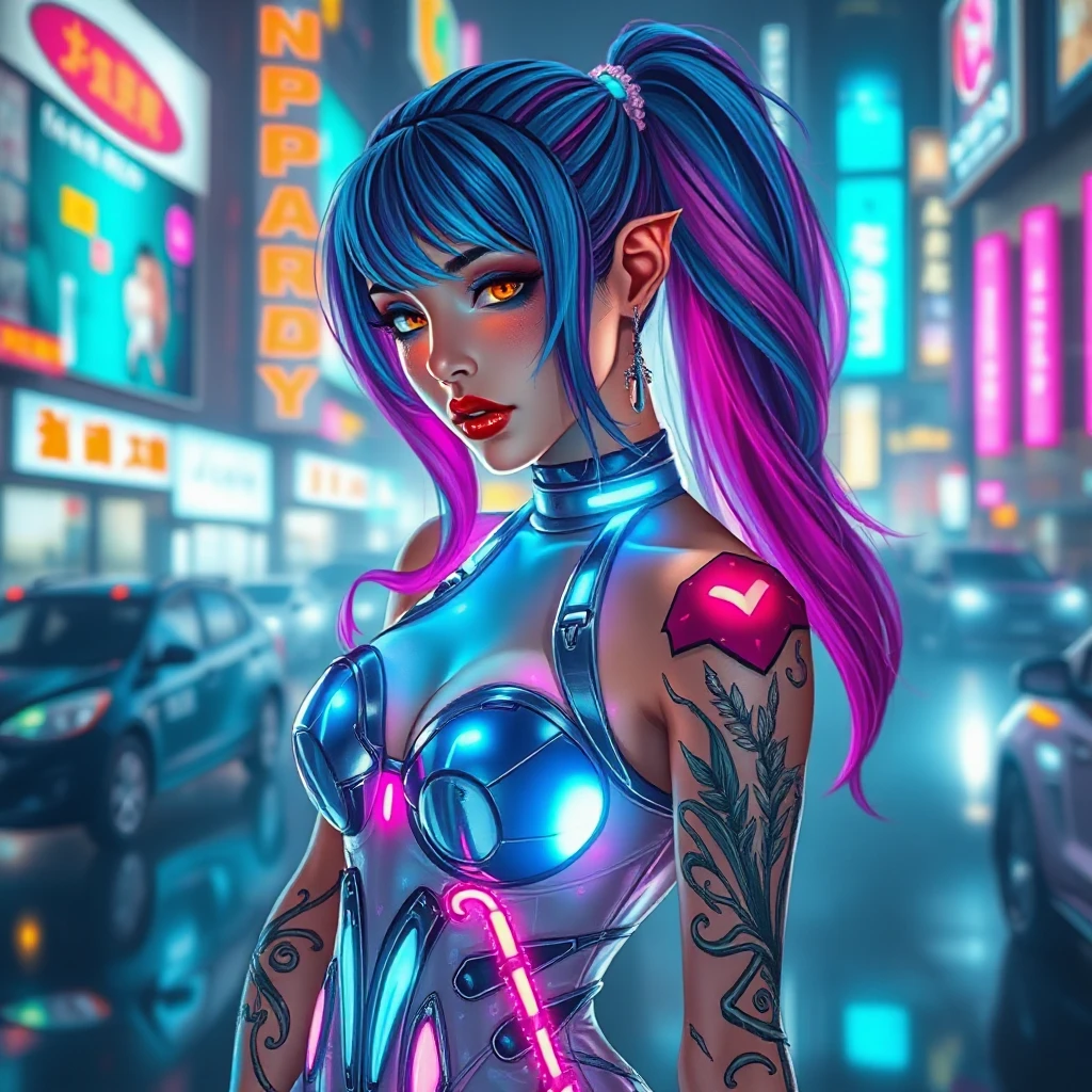 Futuristic cyber-princess with neon hair and glowing tattoos, wearing a holographic dress in a neon-lit megacity