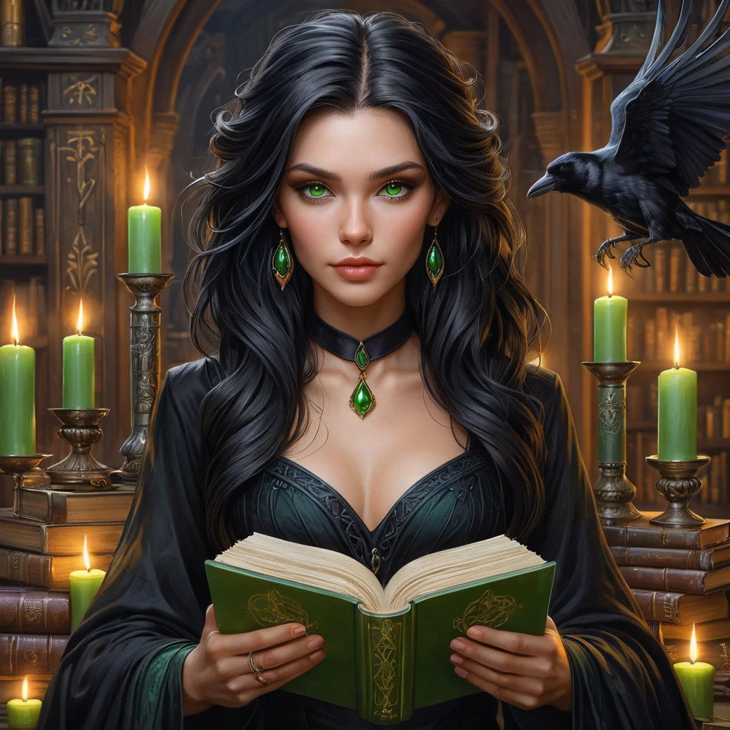 A witch with raven hair and piercing green eyes, surrounded by floating candles and ancient tomes